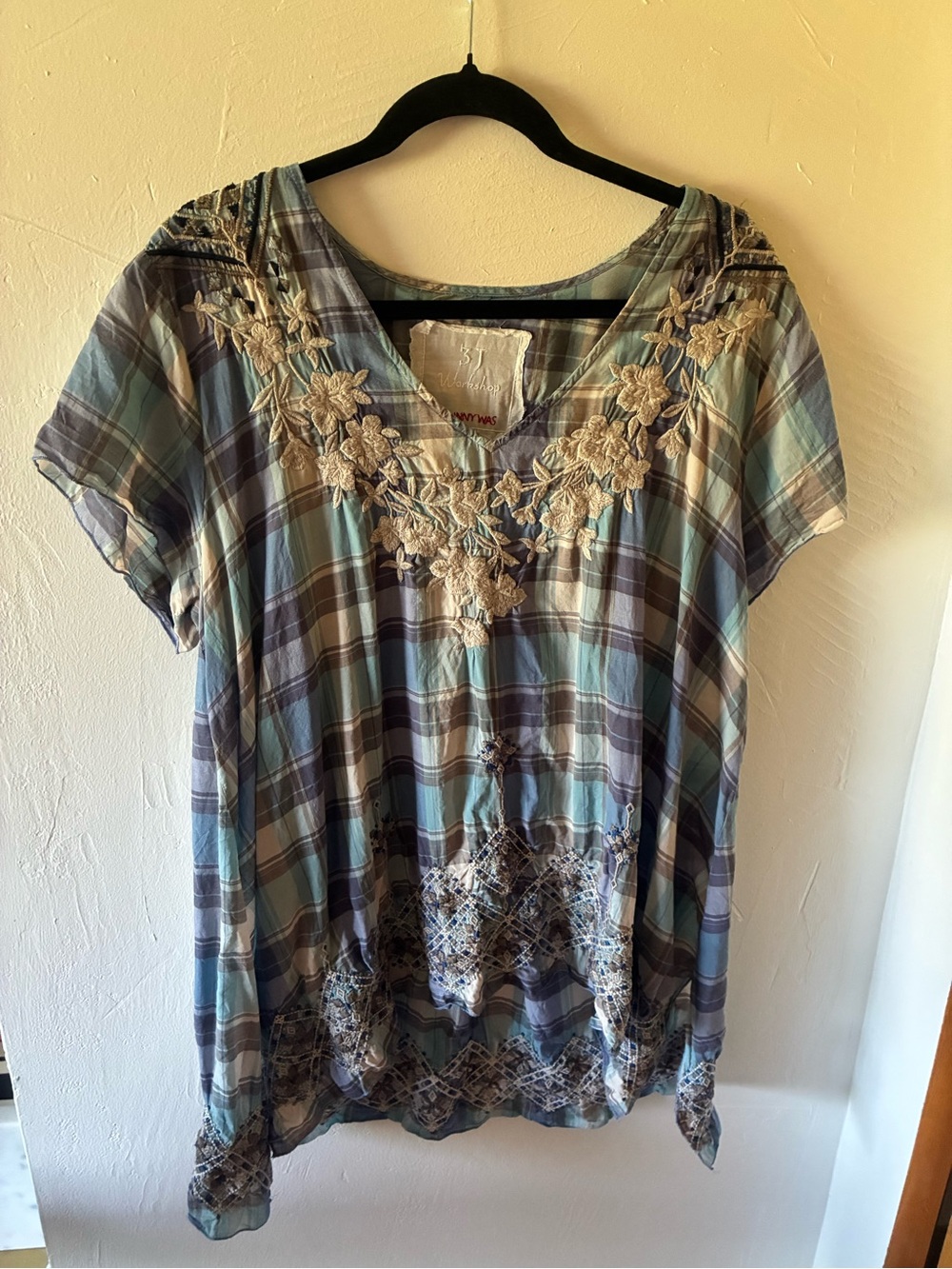 JOHNNY WAS Embroidered Floral Plaid Tunic Blouse Flowy XL Tencel Boho